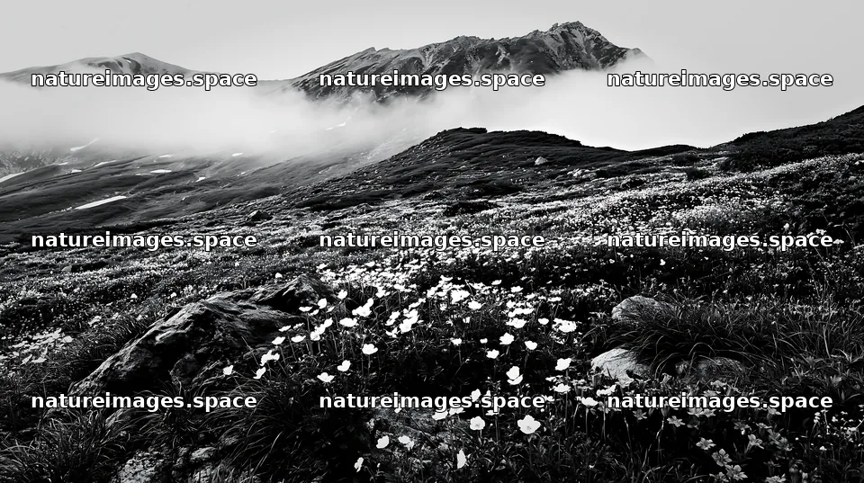 Toyama alpine meadow snowmelt rock foreground with flowers – nature images 10608x5938