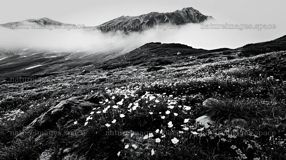 Toyama alpine meadow snowmelt rock foreground with flowers – nature images 10608x5938
