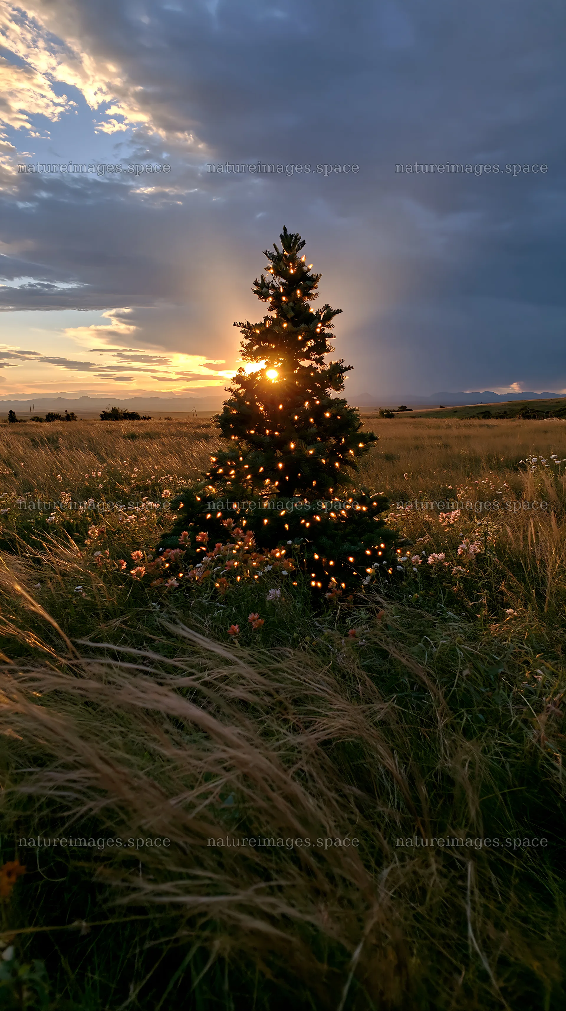 Christmas tree in meadow under sky at sunset – nature images 5938x10608