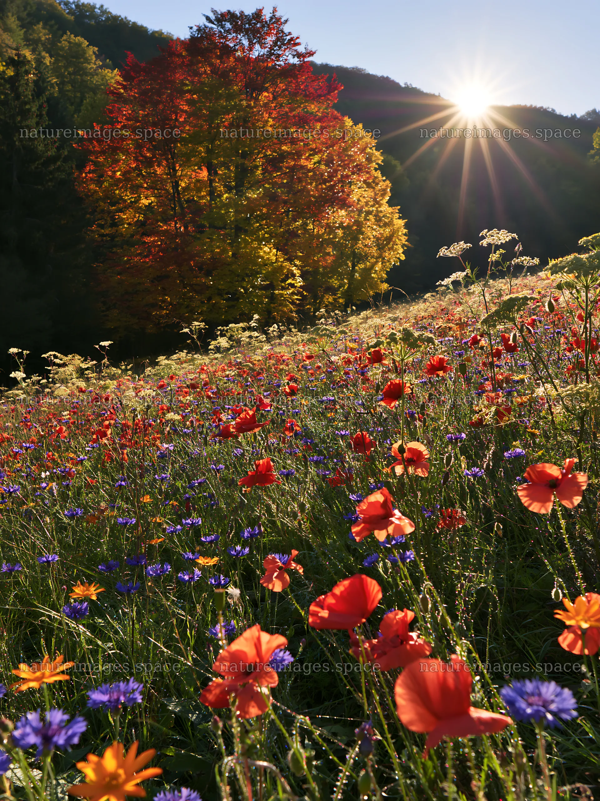 Christmas tree in meadow with sun rays shining down – nature images 6866x9174