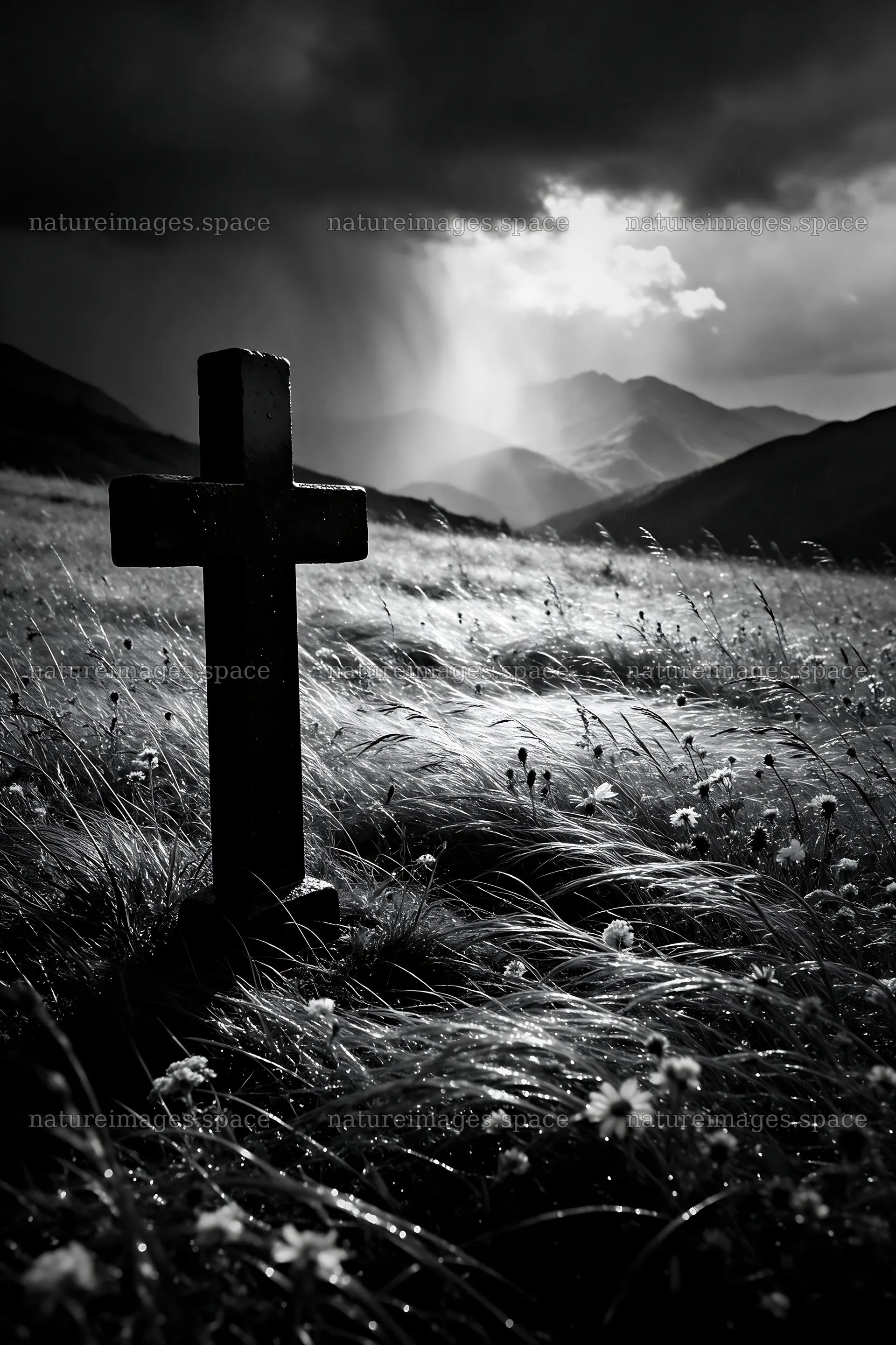 Christian cross in winter mountain meadow landscape – nature images 6480x9722