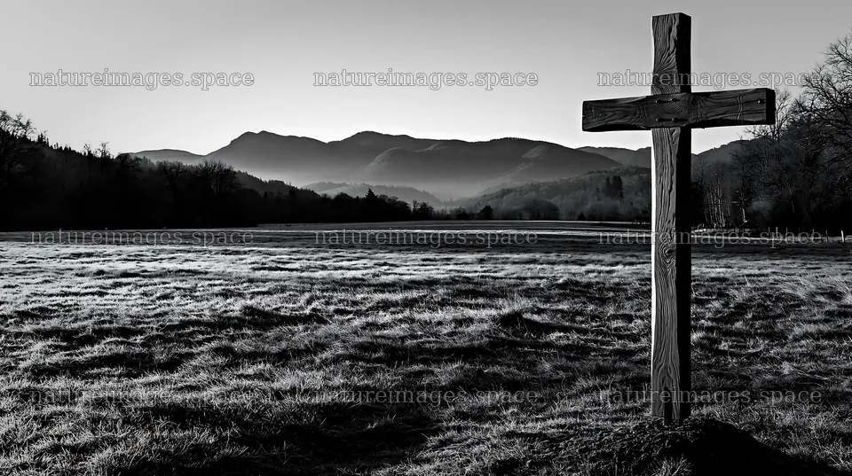 Carved oak cross in frosted meadow with mountains in background – nature images 10608x5938