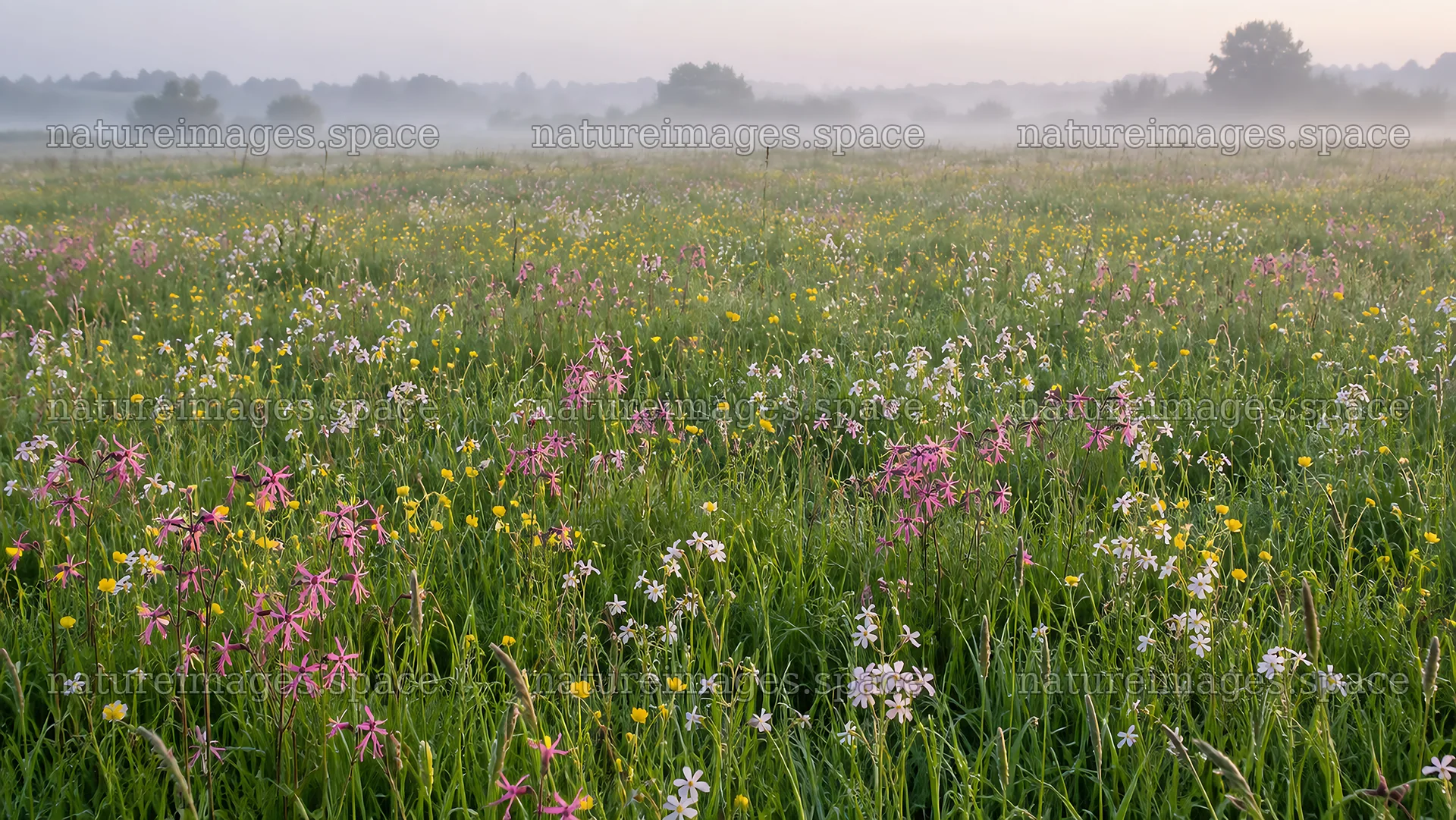 Wildflower Meadow in Morning Mist – nature images 10324x5812