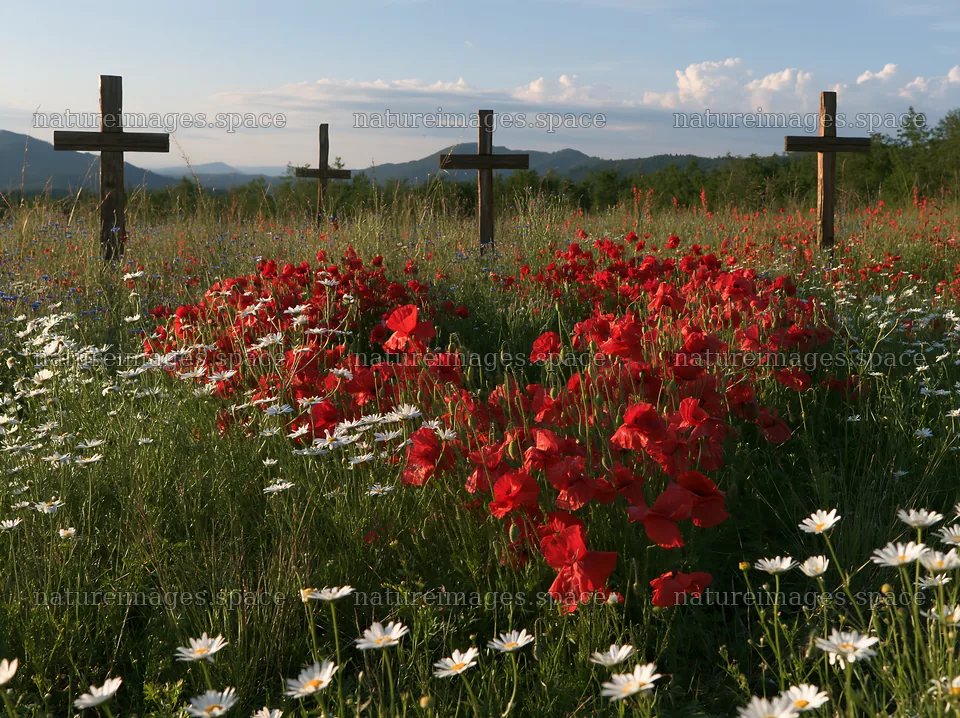 Four wooden crosses in a meadow with flowers – nature images 9174x6866