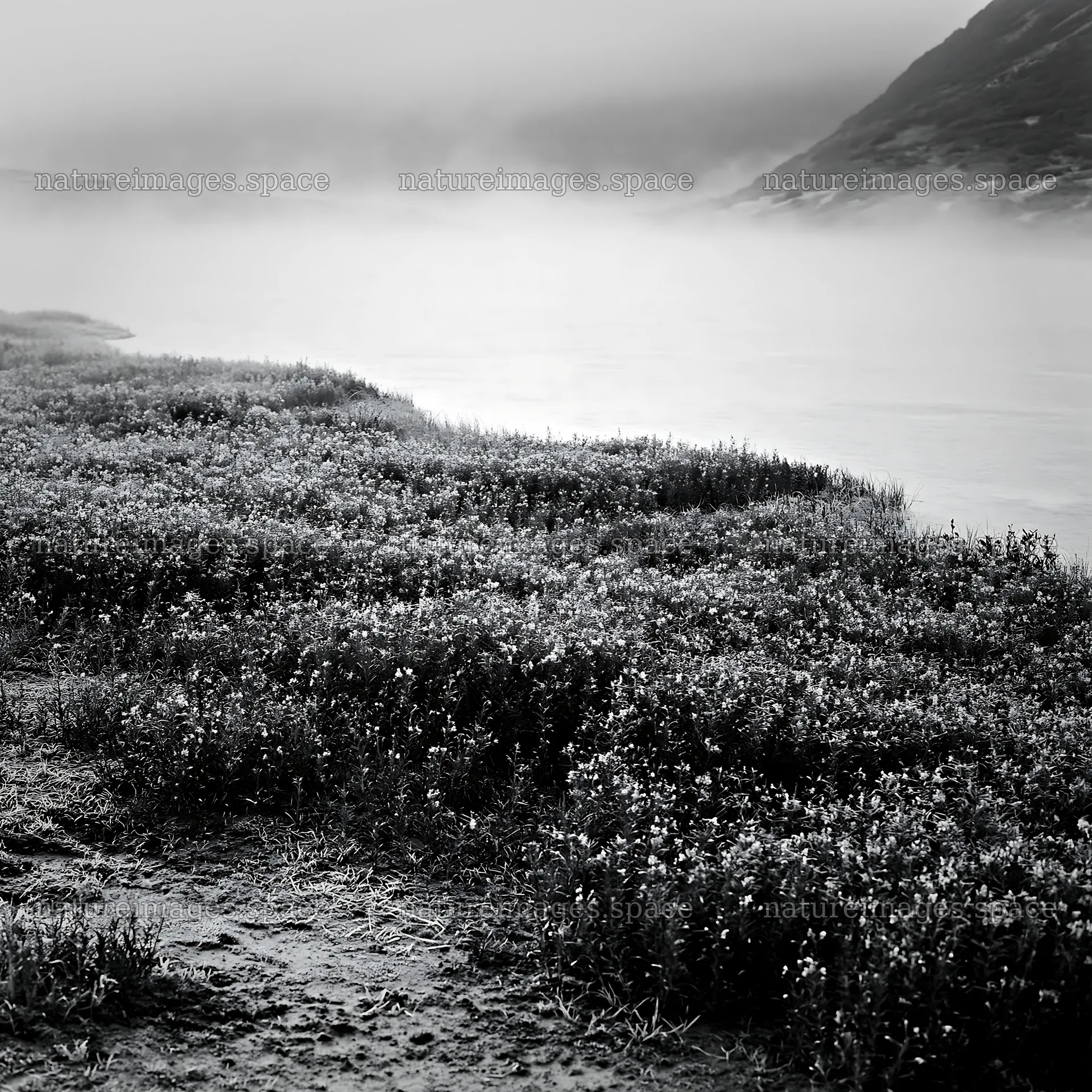 Frozen tarn meadow with mist in the background – nature images 7938x7938