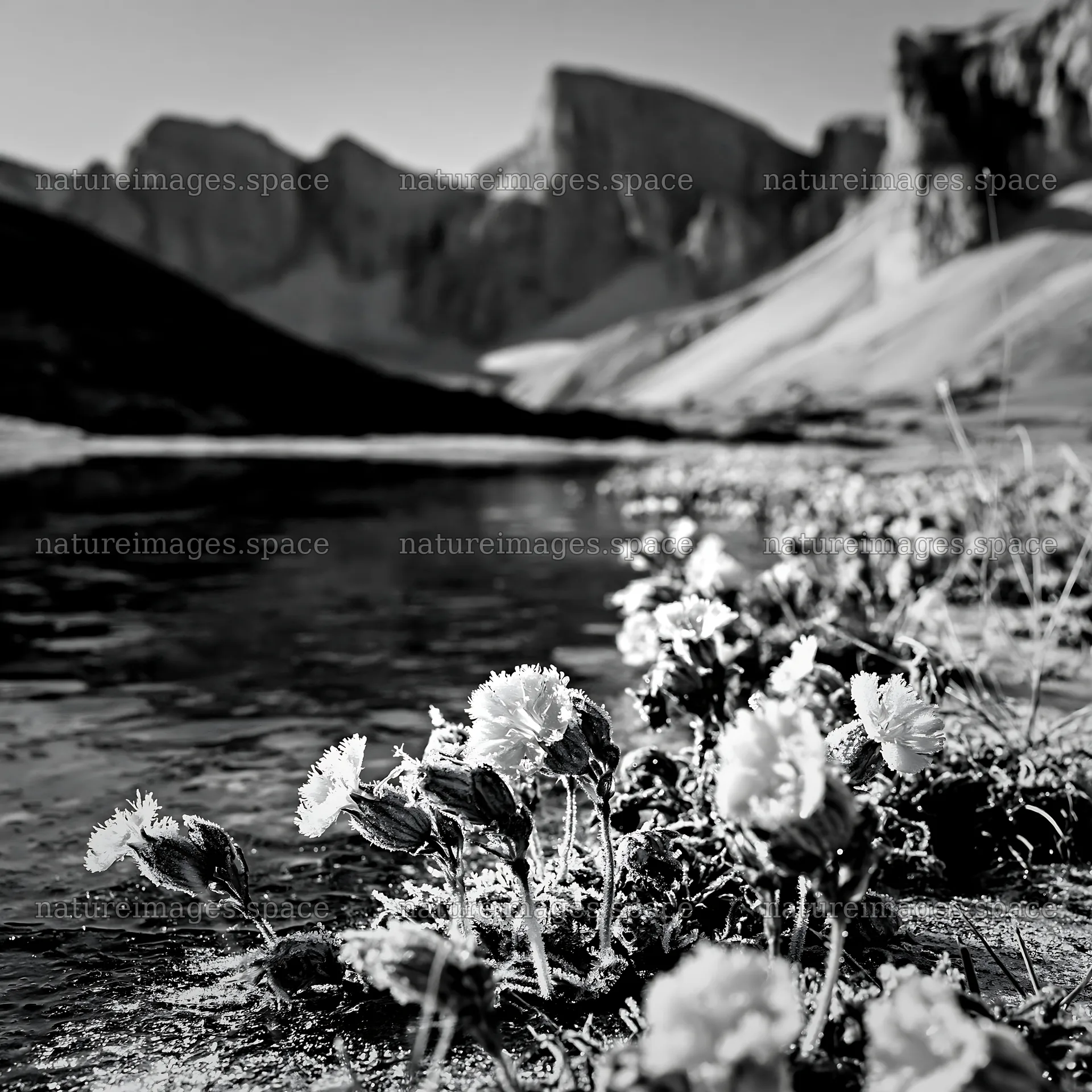 Frozen tarn meadow with flowers and mountains – nature images 7938x7938
