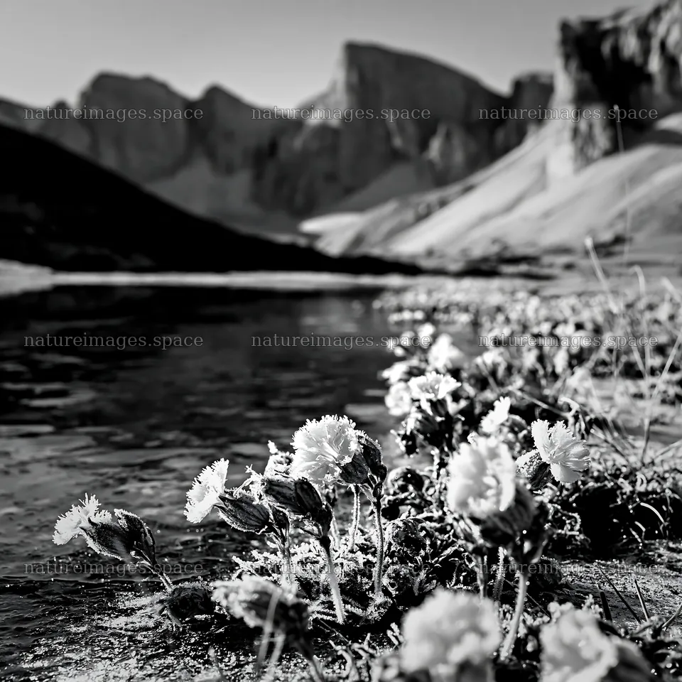 Frozen tarn meadow with flowers and mountains – nature images 7938x7938