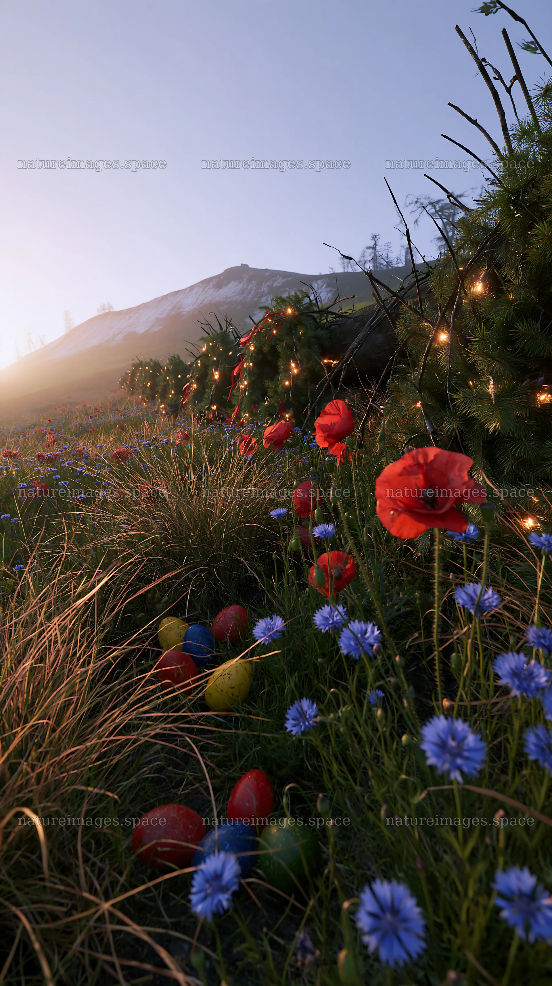 Expansive Christmas meadow with wreaths, logs, and flowers – nature images 5938x10608