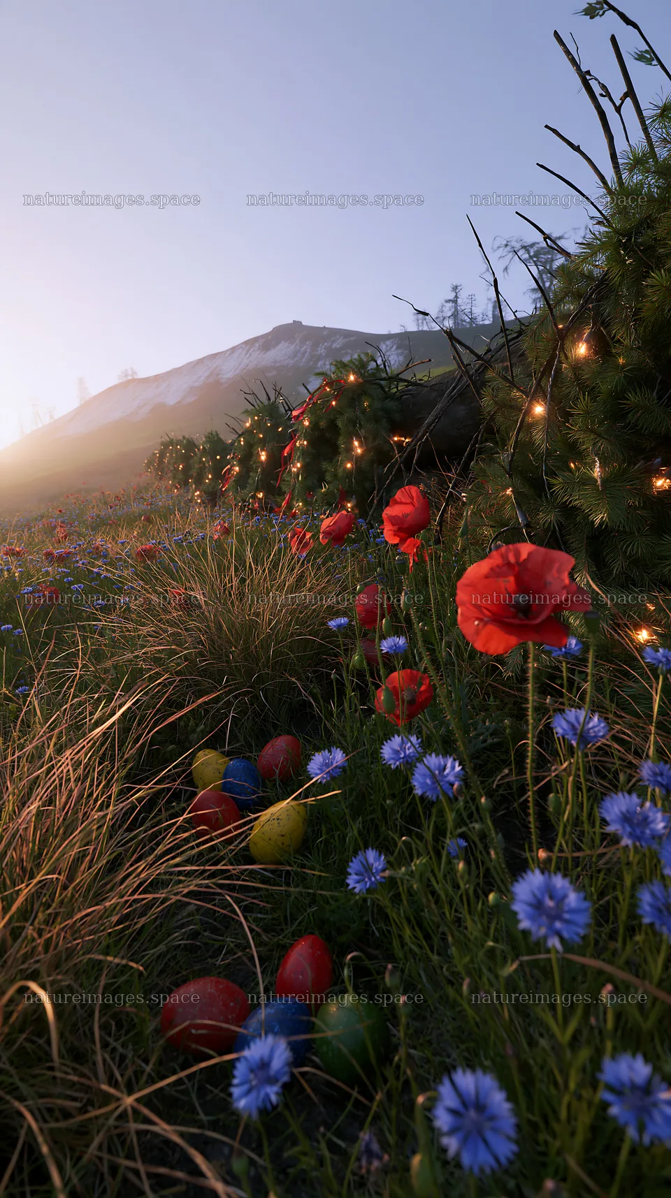 Expansive Christmas meadow with wreaths, logs, and flowers – nature images 5938x10608