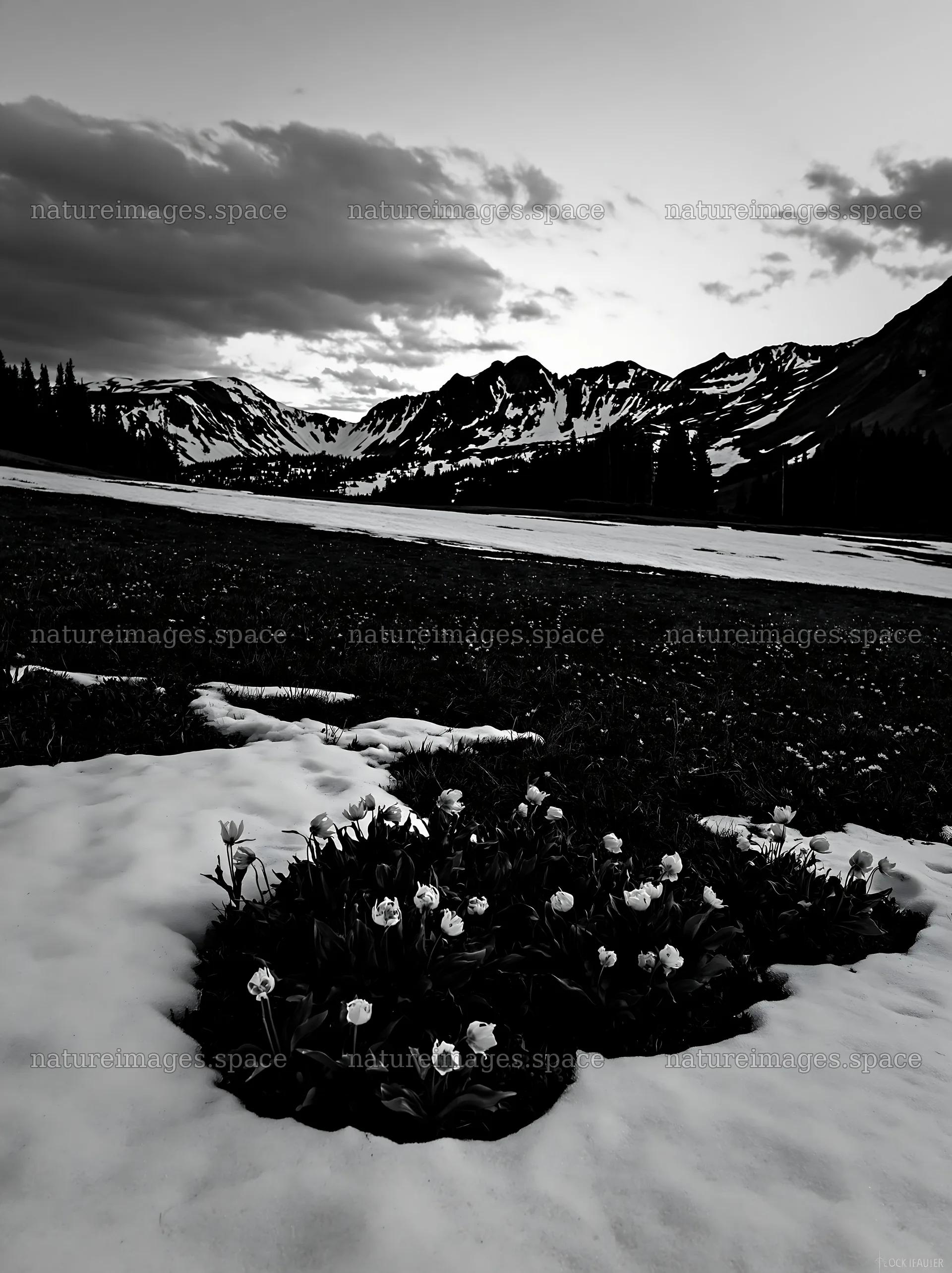 Snowbound meadow with flowers in mountain landscape – nature images 6866x9174