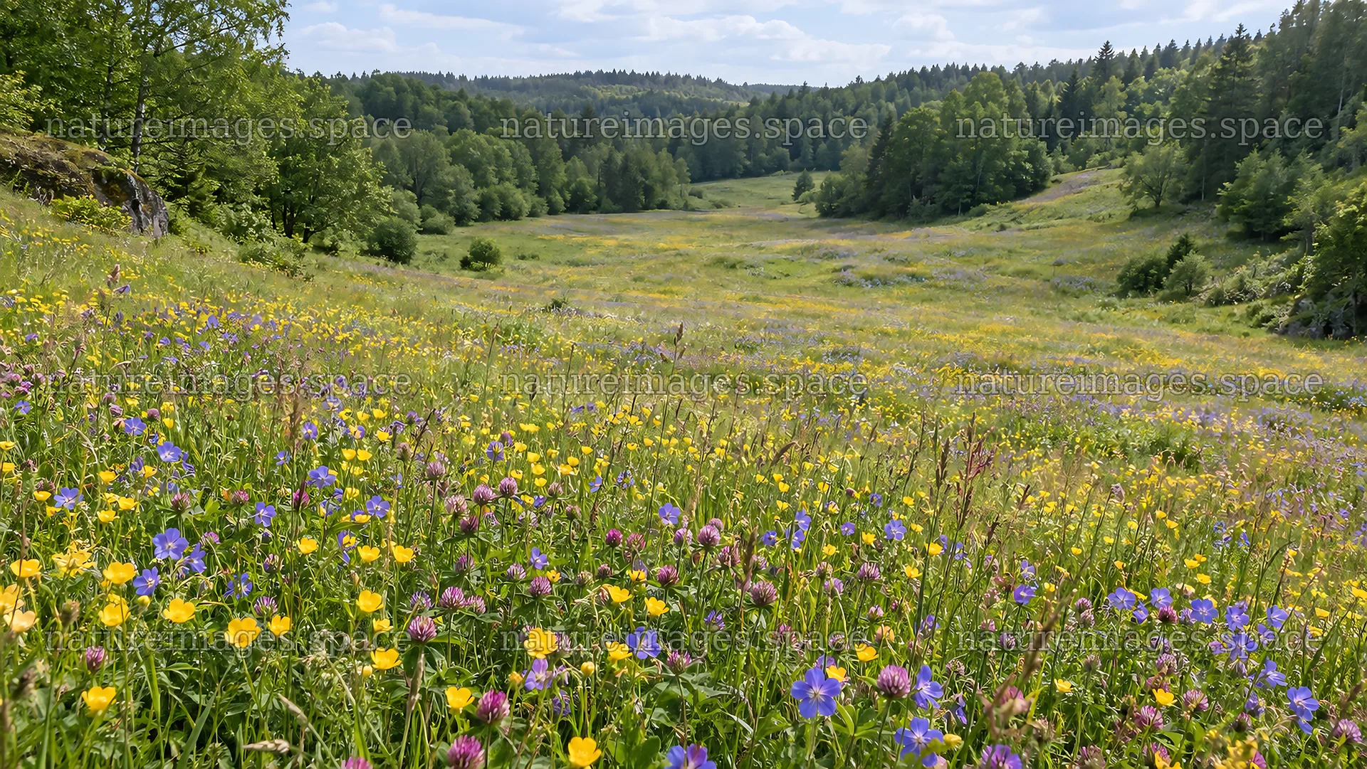 Wildflower Meadow in a Woodland Clearing – nature images 10324x5812