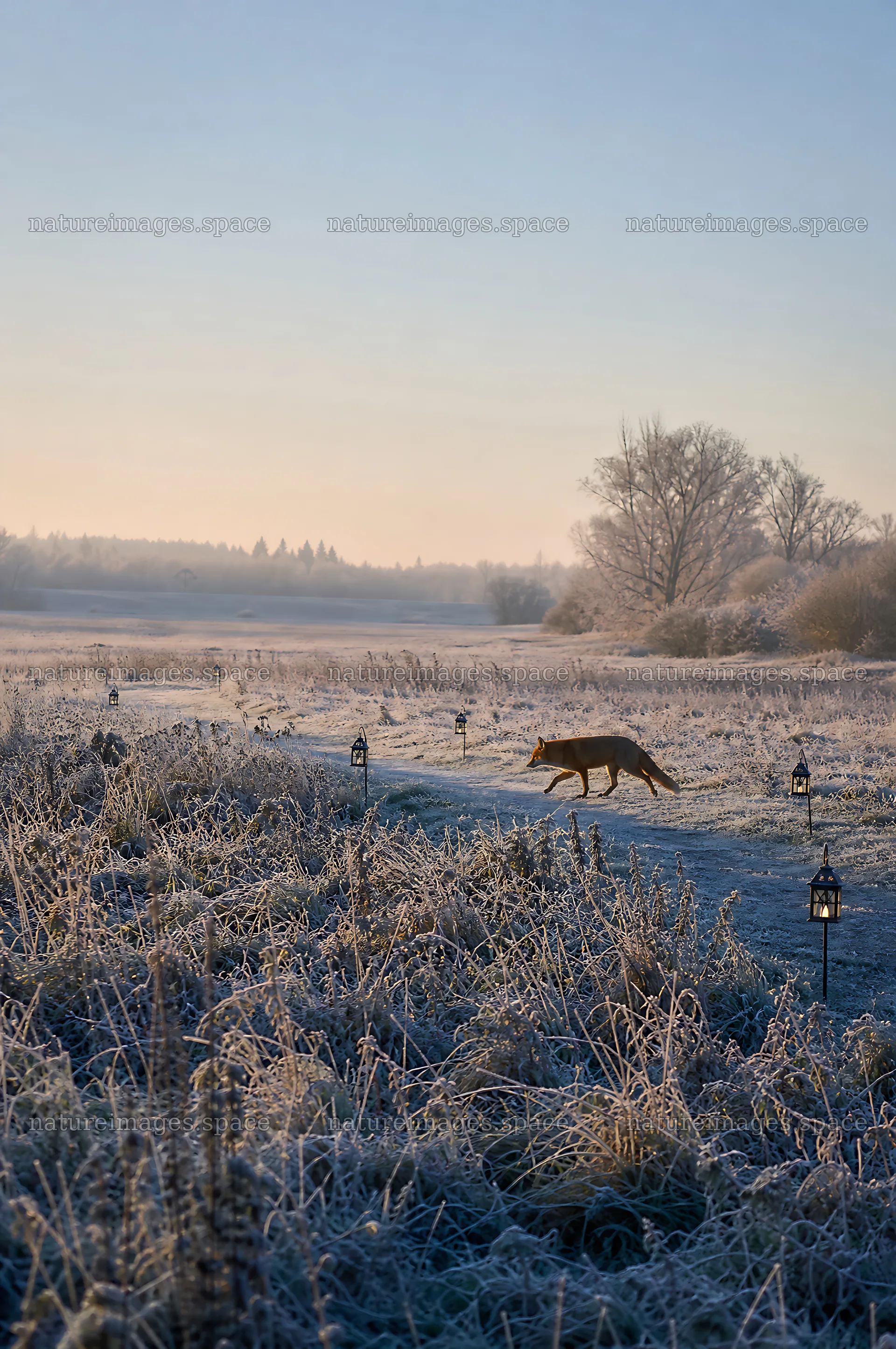Colorful path in a meadow during winter with a fox – nature images 6468x9740