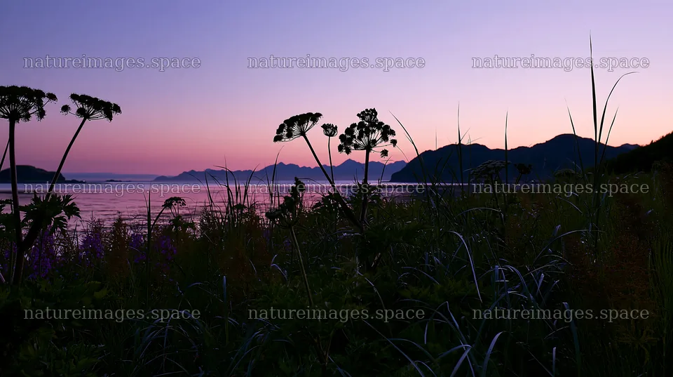 Coastal meadow at sunset with silhouettes of plants – nature images 10608x5938