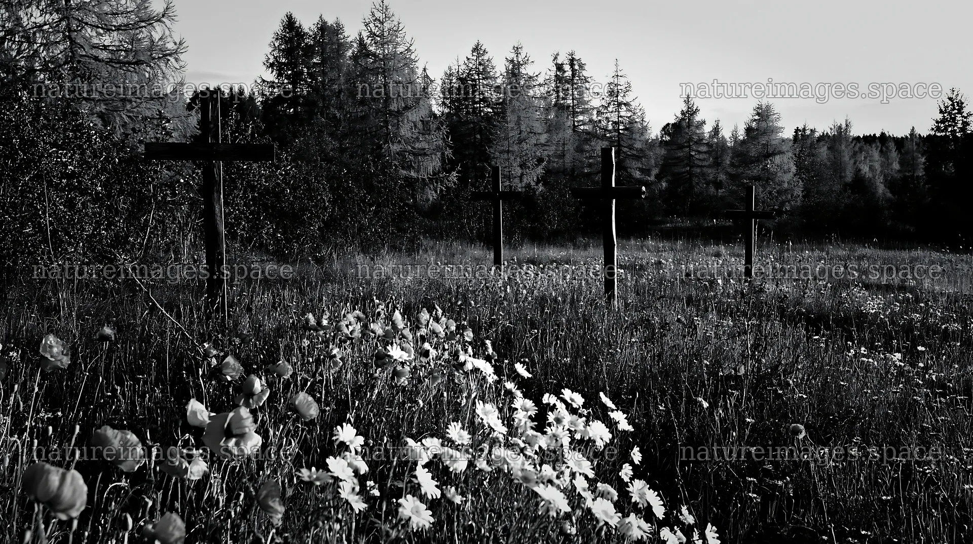 Four wooden crosses in a meadow at Christmas time – nature images 10608x5938