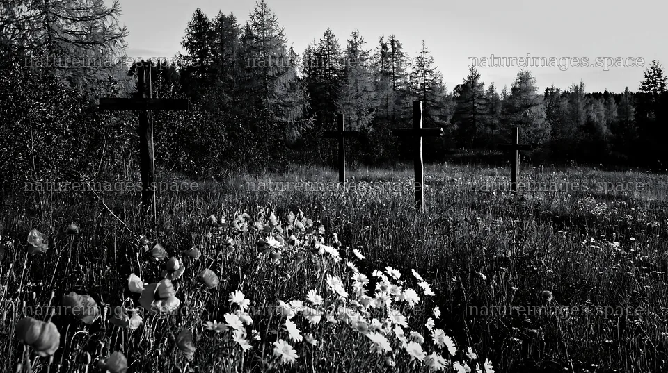 Four wooden crosses in a meadow at Christmas time – nature images 10608x5938