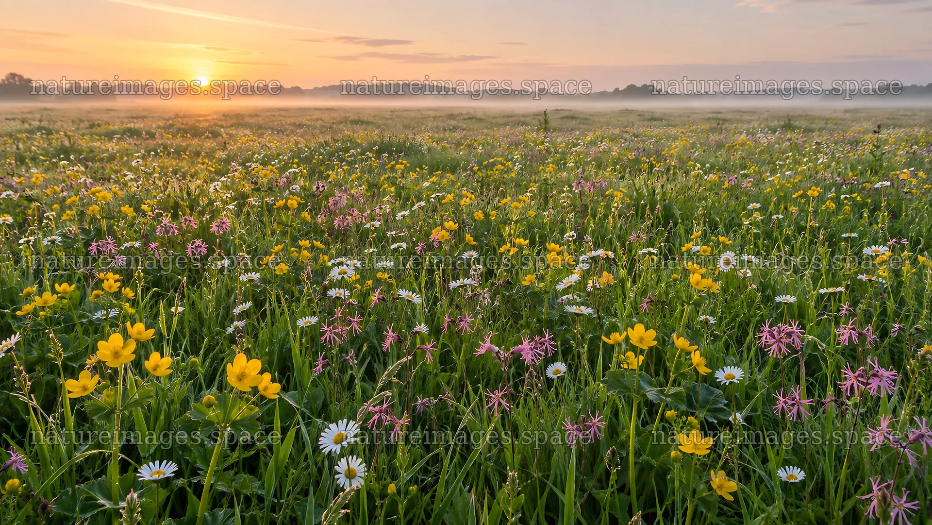 Wildflower Meadow in Morning Mist at Sunrise – nature images 10324x5812