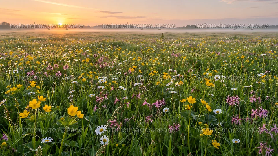 Wildflower Meadow in Morning Mist at Sunrise – nature images 10324x5812