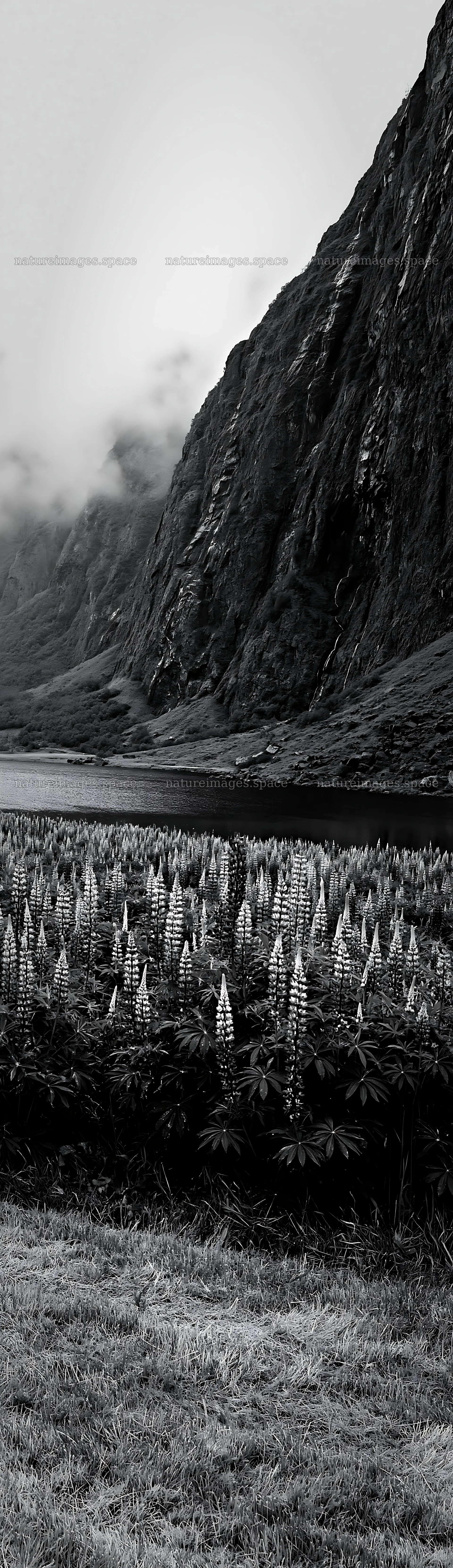 Lupin meadow with mountains and river in black and white – nature images 4268x14762