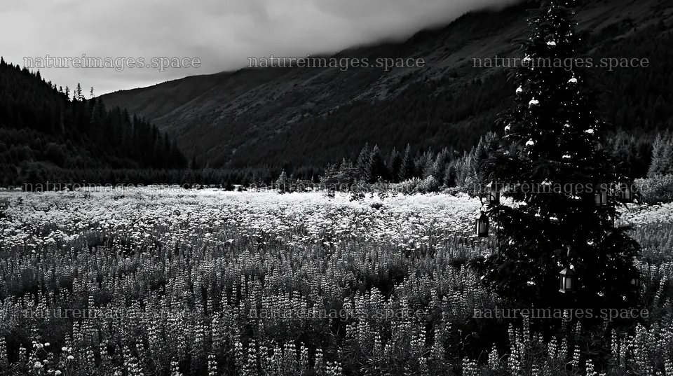 Christmas tree with baubles in a mountain meadow – nature images 10608x5938