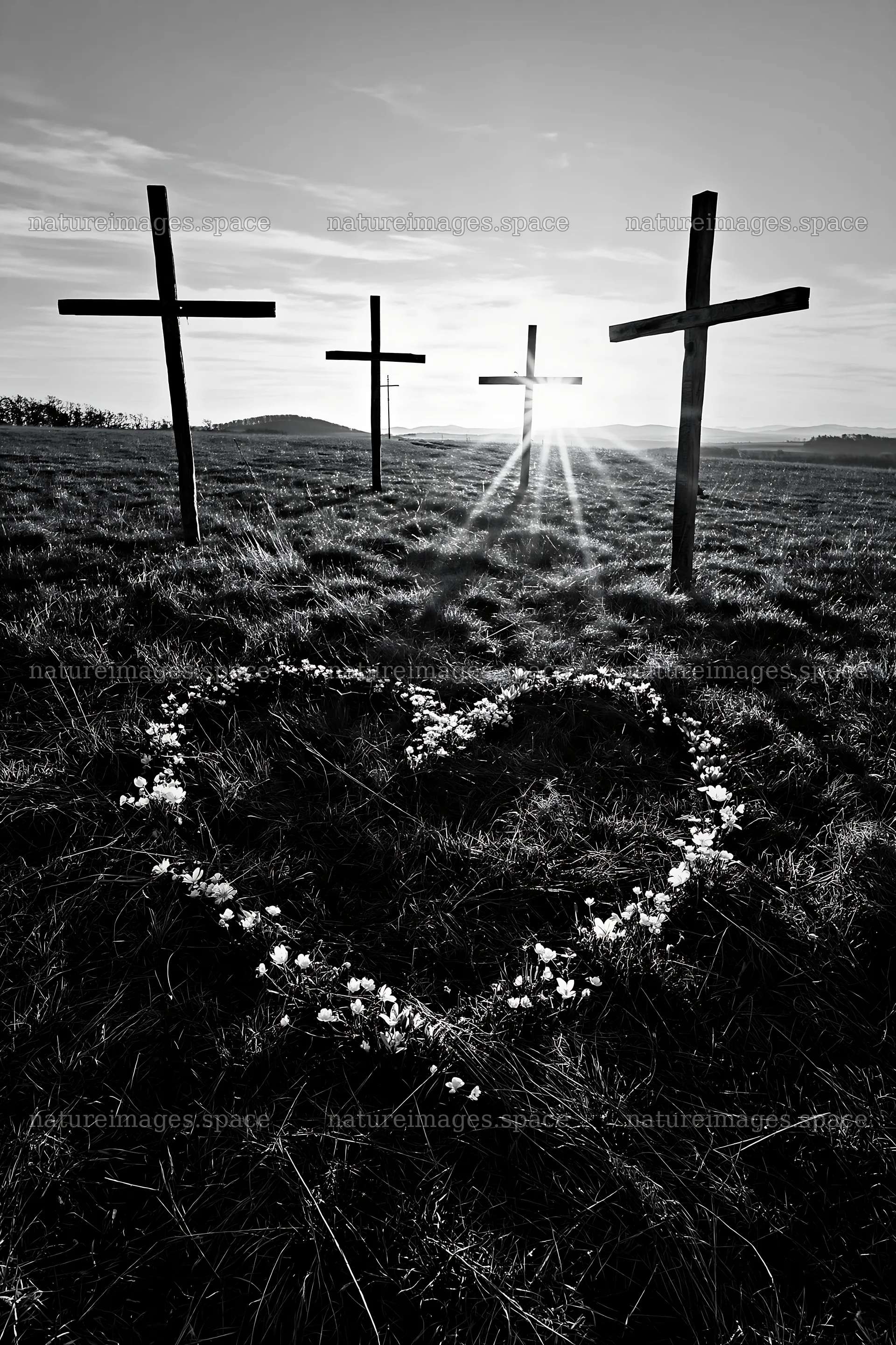Four Christian crosses in a winter meadow – nature images 6480x9722