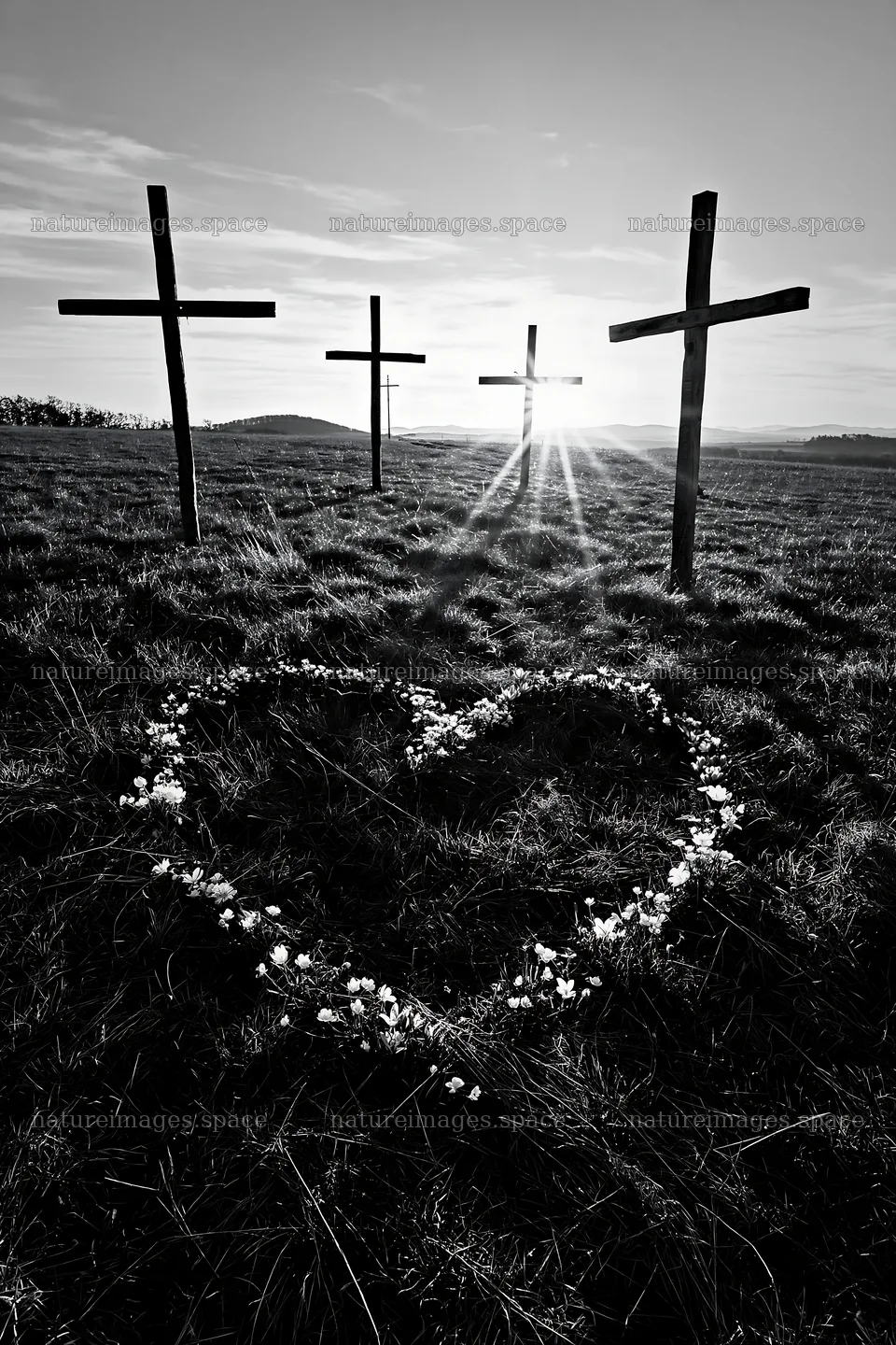 Four Christian crosses in a winter meadow – nature images 6480x9722
