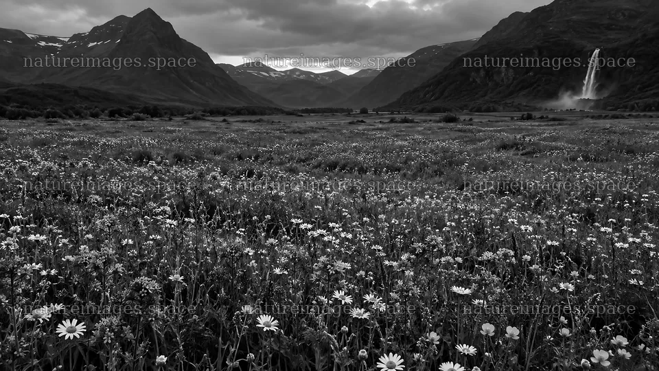 Dark Monochrome Valley with Waterfall and Meadow – nature images 10324x5812