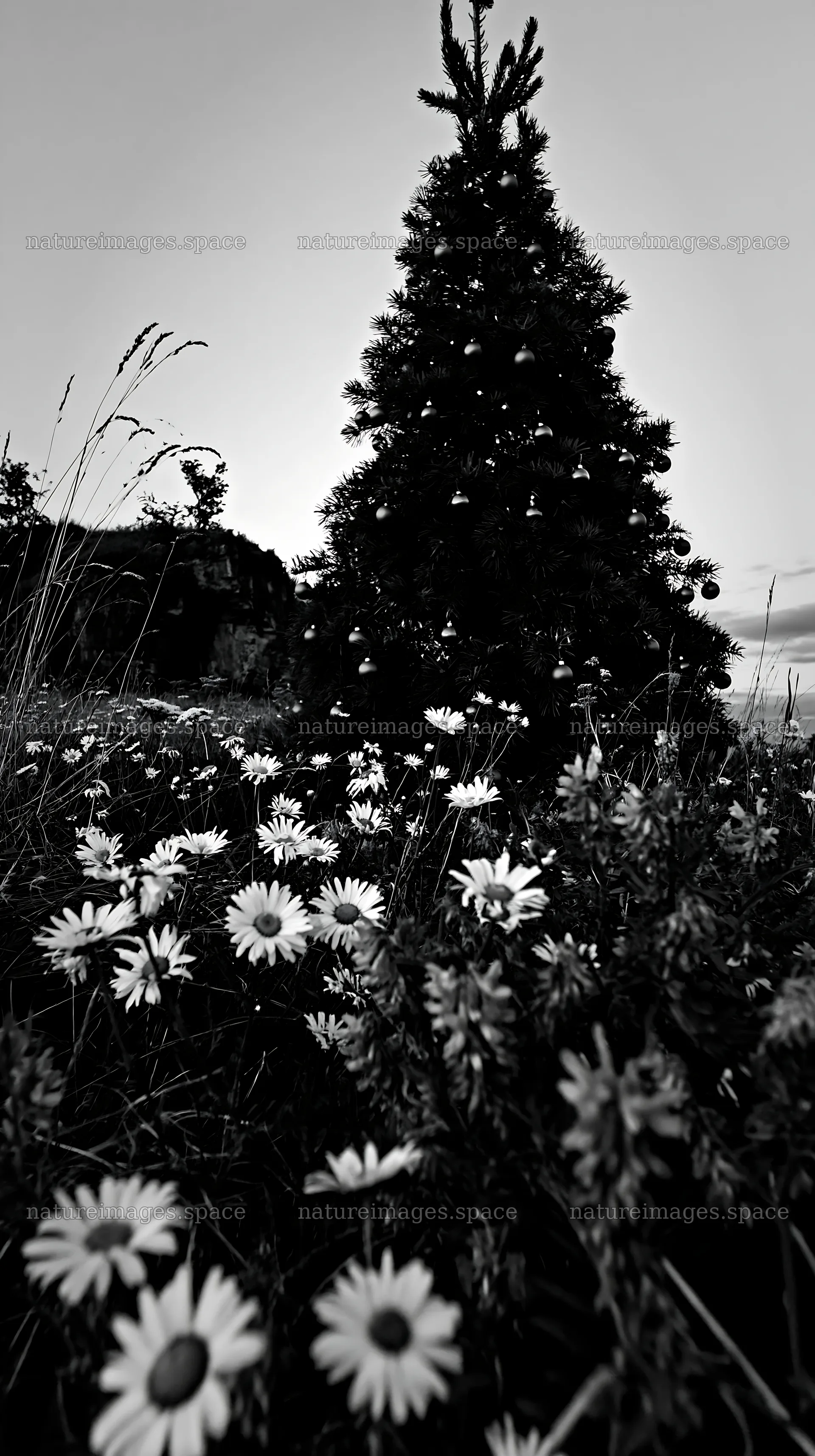 Christmas tree with ornaments in meadow by cave – nature images 5938x10608