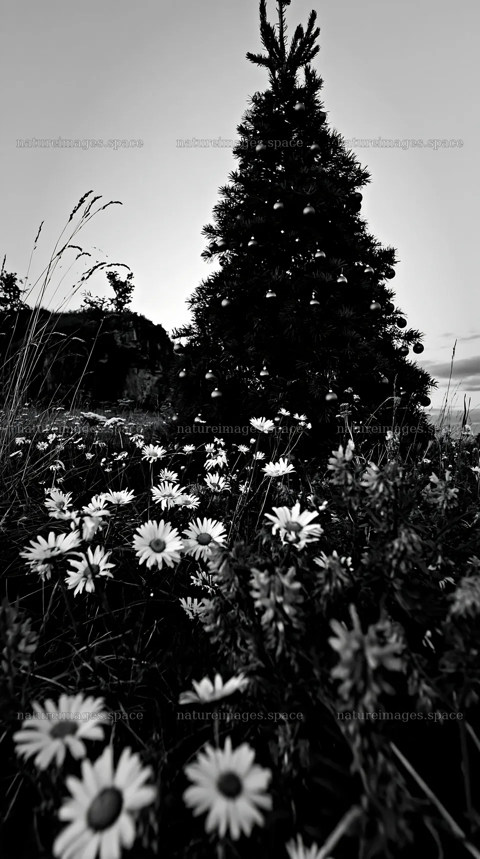 Christmas tree with ornaments in meadow by cave – nature images 5938x10608