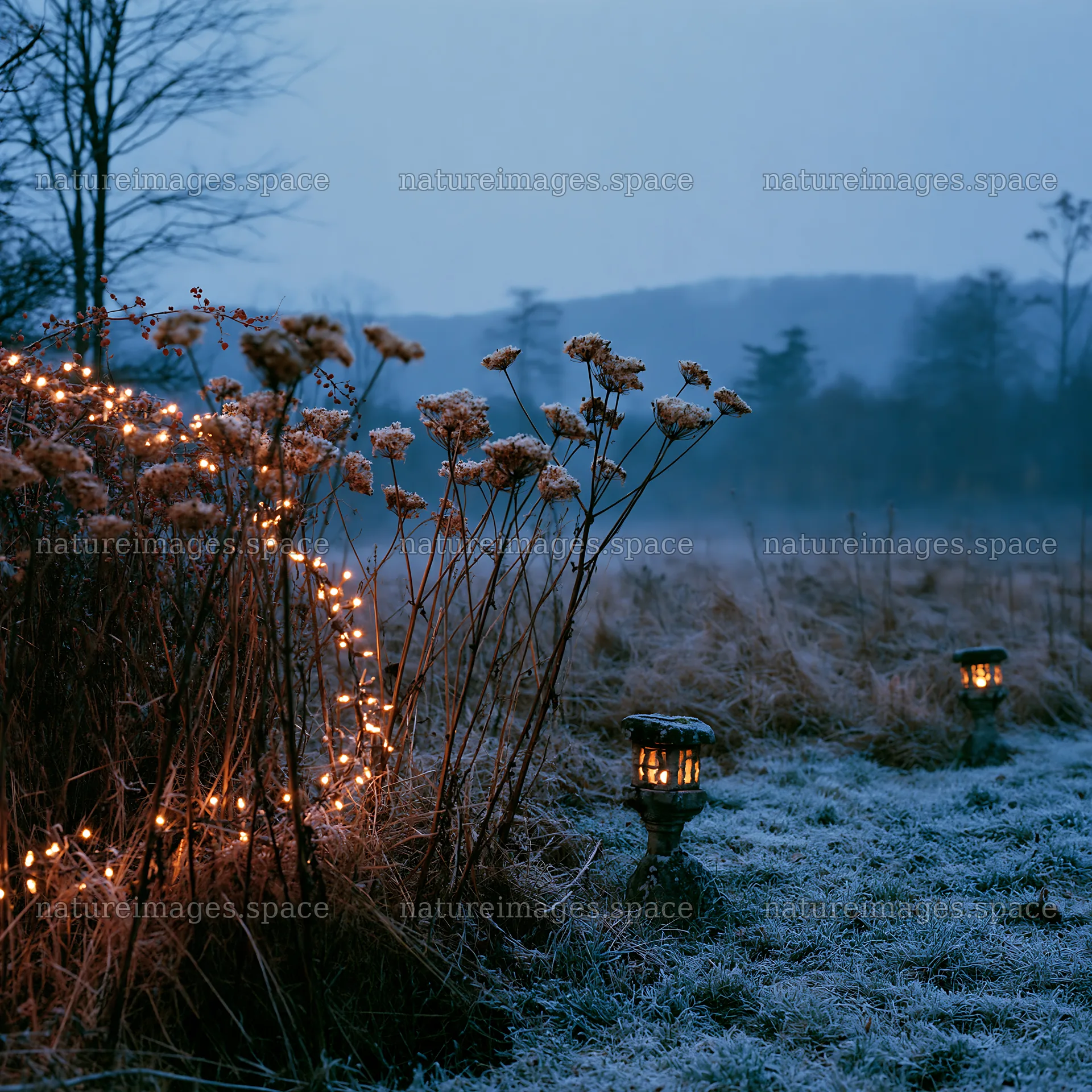 Frosty meadow with glowing lanterns and seedheads at dusk – nature images 7938x7938