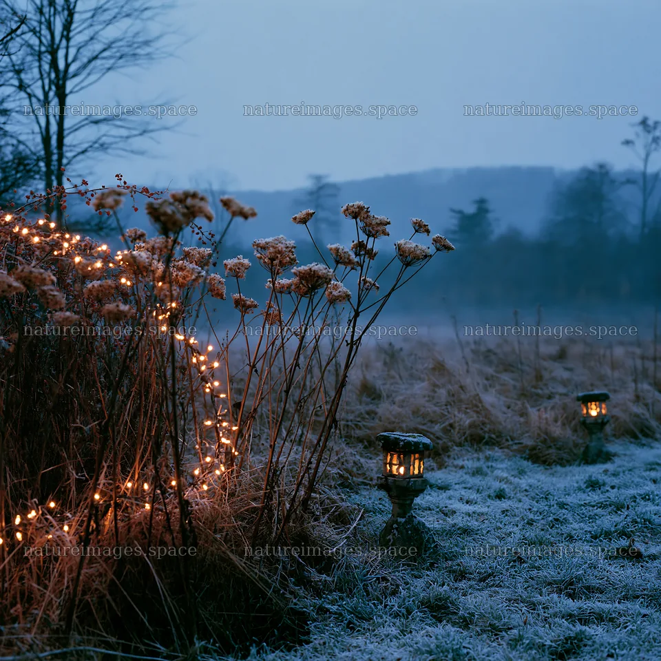 Frosty meadow with glowing lanterns and seedheads at dusk – nature images 7938x7938