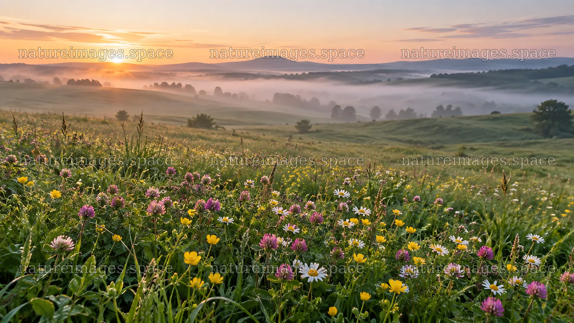 Wildflower Meadow at Sunrise Over Misty Hills – nature images 10324x5812