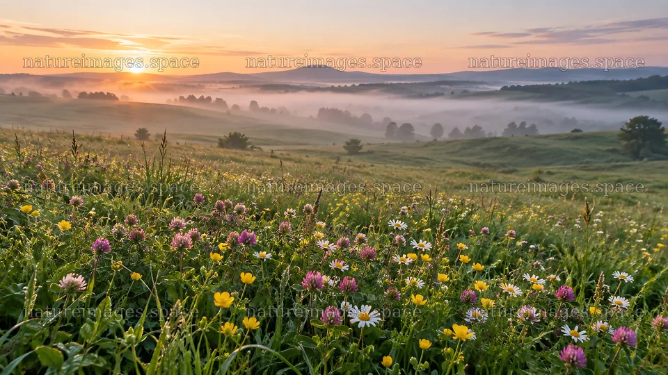 Wildflower Meadow at Sunrise Over Misty Hills – nature images 10324x5812