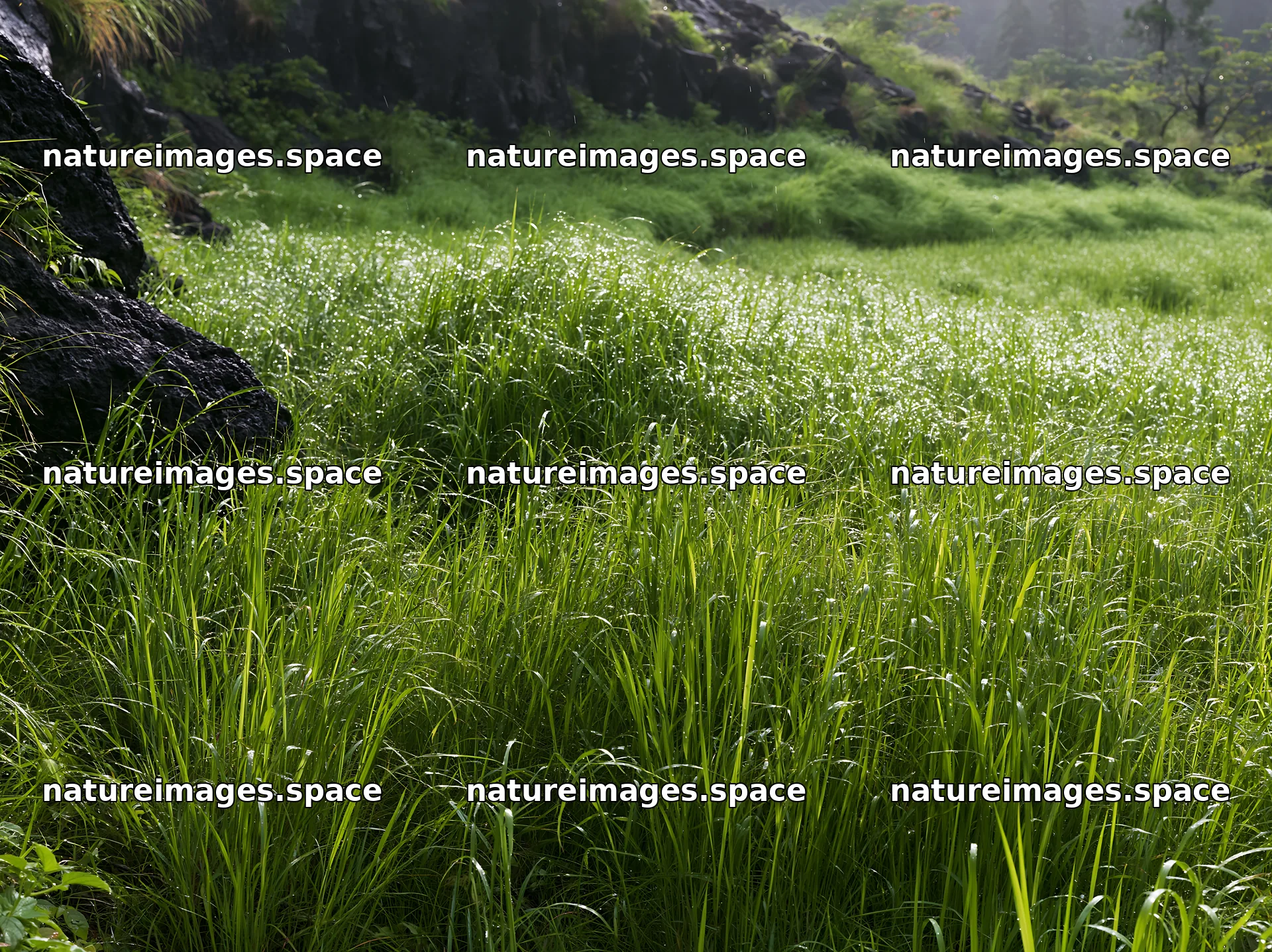 Fukui native grass meadow with rain droplets in Japan – nature images 9174x6866
