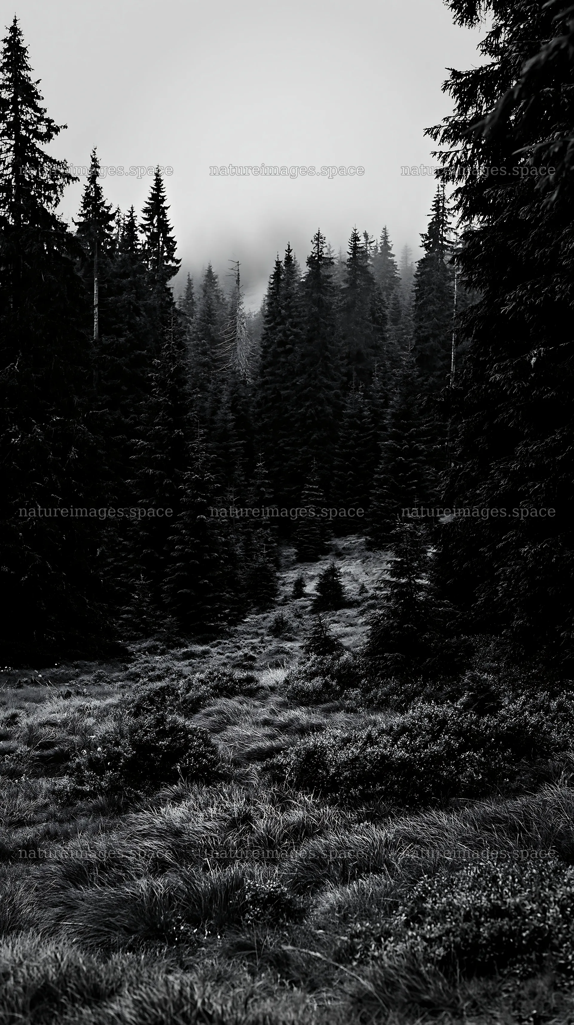 Regenerative meadow under dense forest with fog in background – nature images 5938x10608