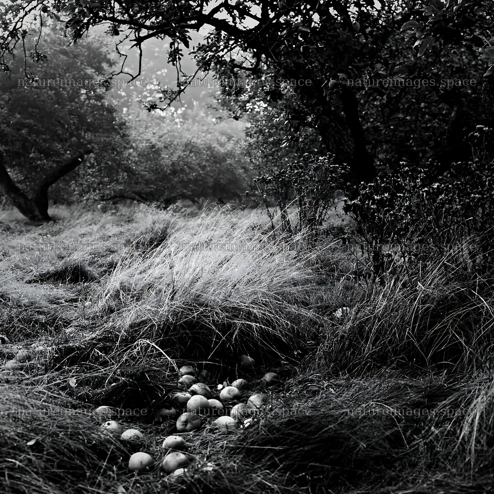 Moody orchard meadow with fallen fruit in black and white – nature images 7938x7938