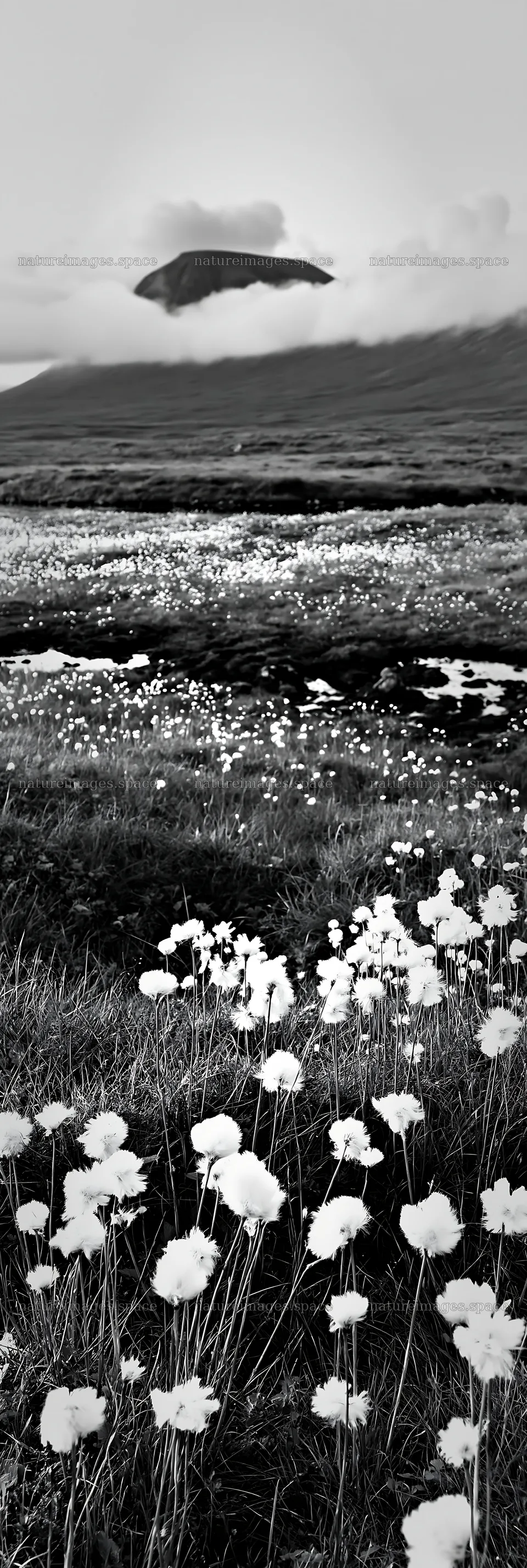 Cottongrass blooms in a meadow with mountains in the background – nature images 4602x13690
