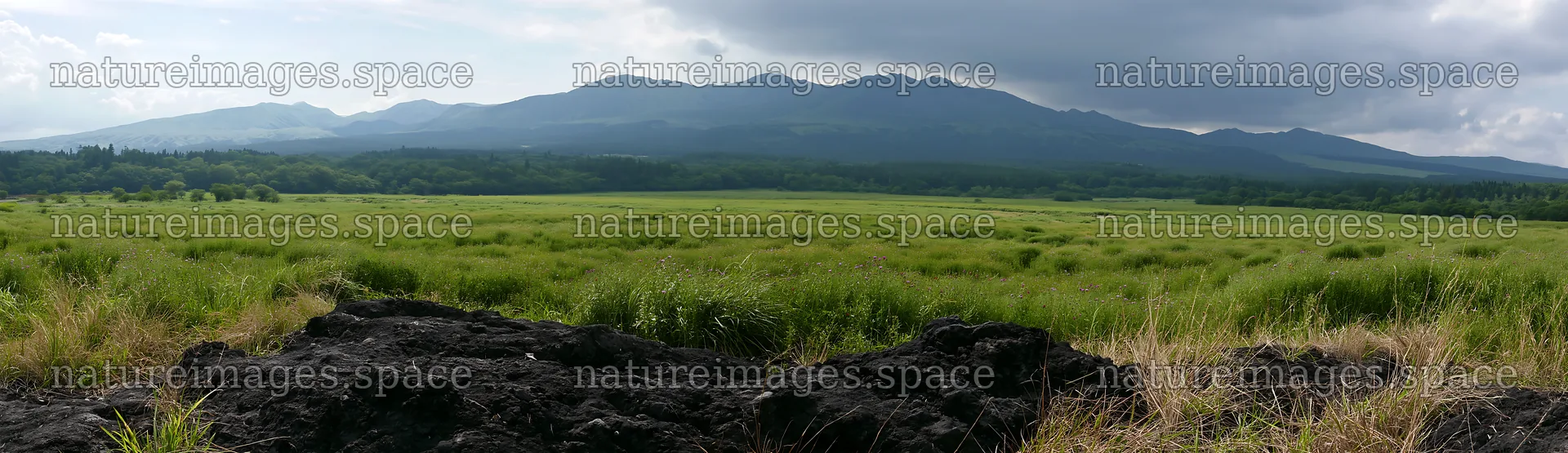 Kumamoto volcanic meadow with dark rock foreground – nature images 14762x4268