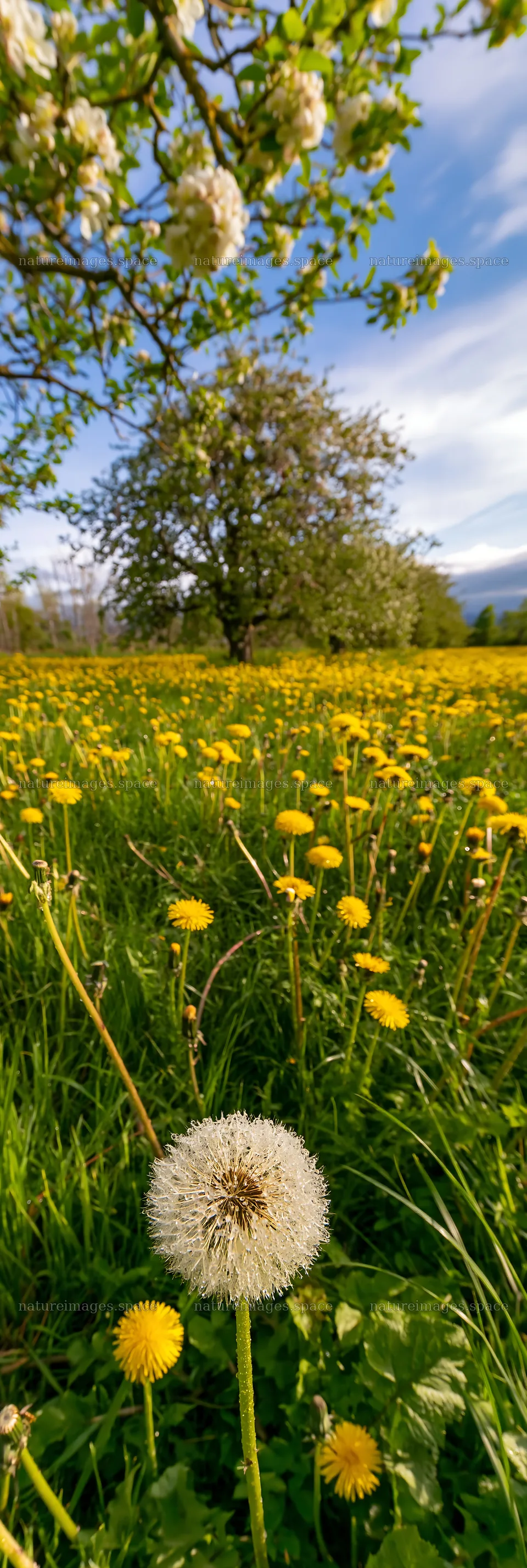 Dandelion meadow under a blue sky with trees in the background – nature images 4602x13690