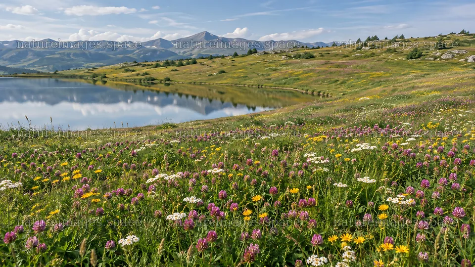 Wildflower Meadow Beside a Mountain Lake – nature images 10324x5812