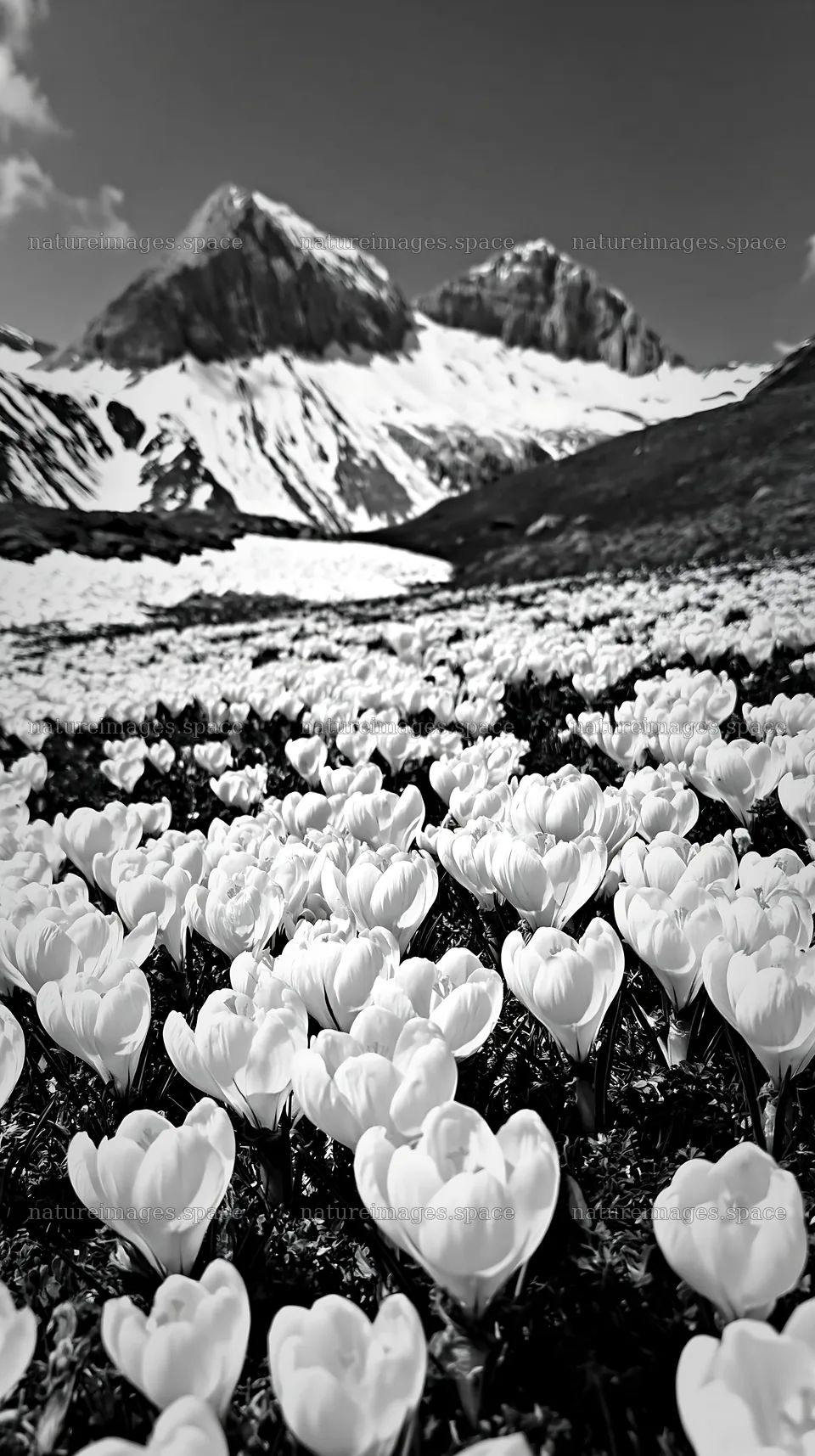 Meadow whiteout with white flowers and snow-capped mountains – nature images 5938x10608
