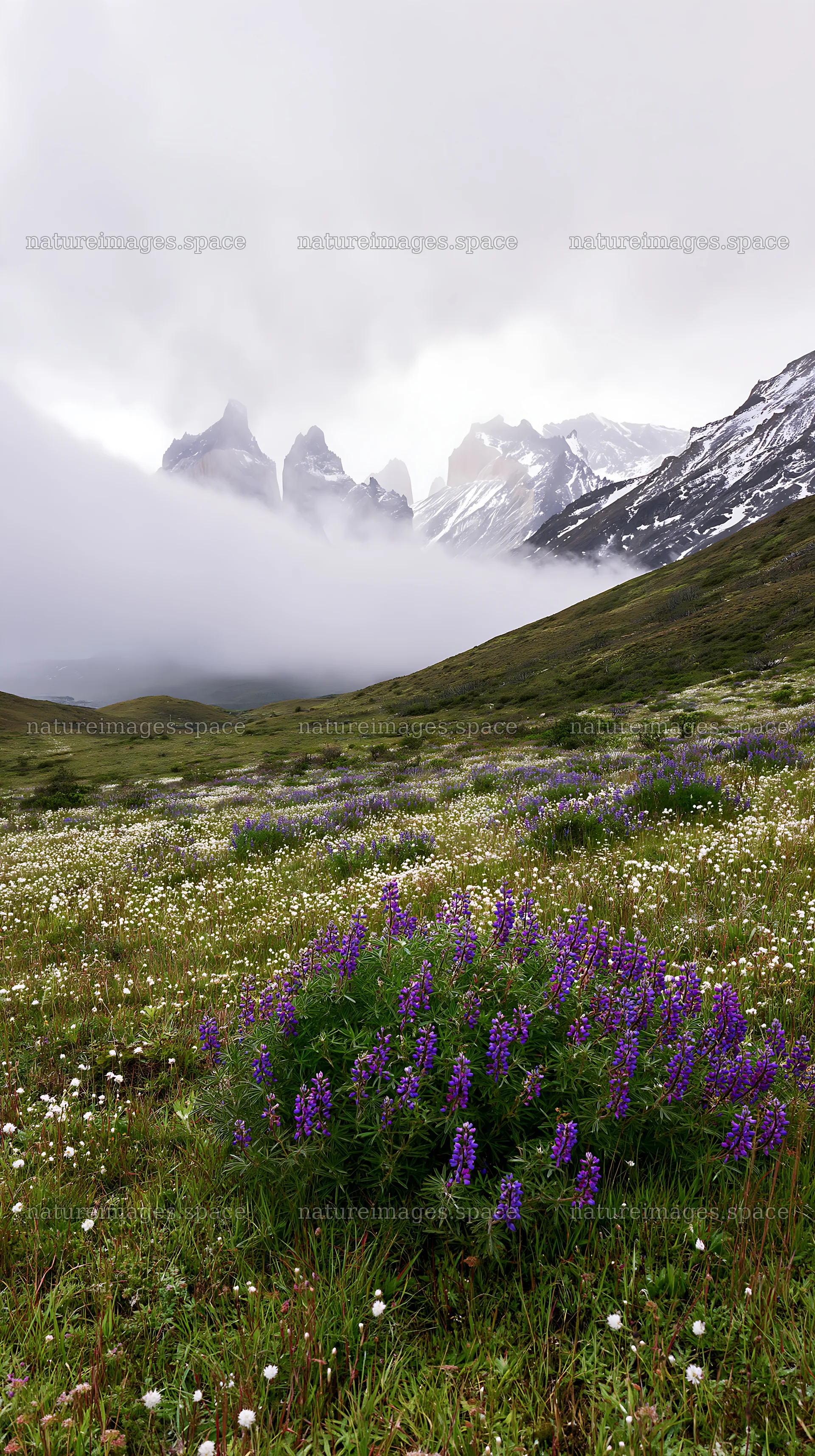 Snow covered Torres del Paine meadow with purple flowers – nature images 5938x10608