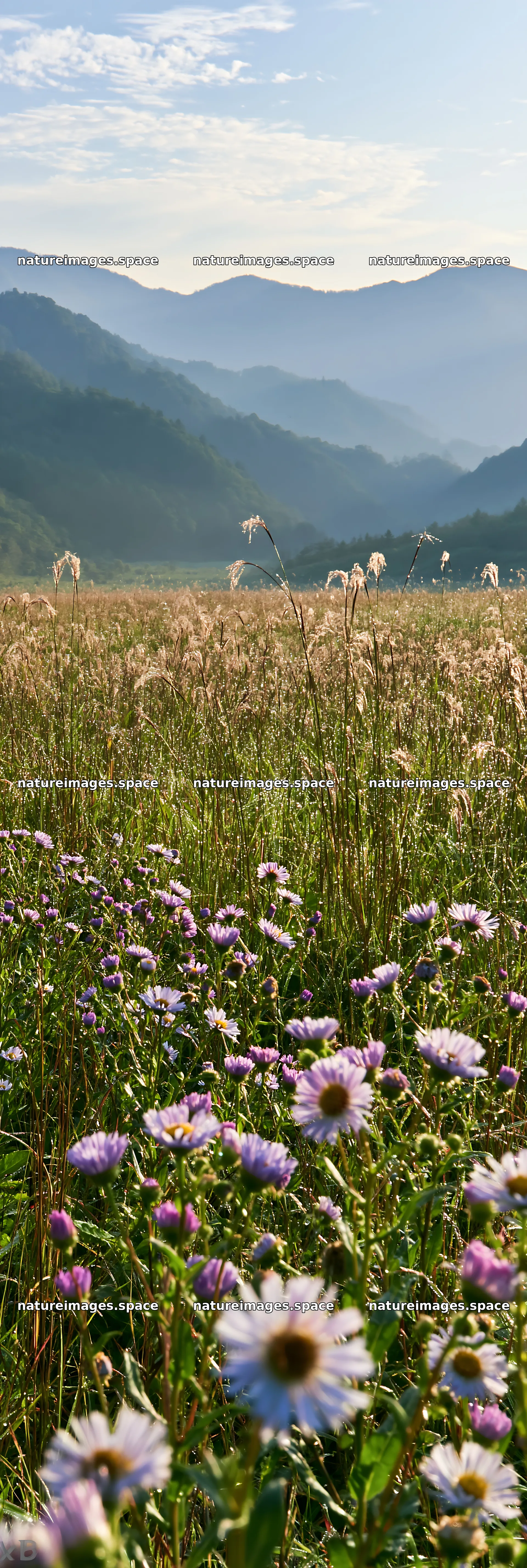 Expansive Hokkaido restoration meadow with dewdrops – nature images 4602x13690