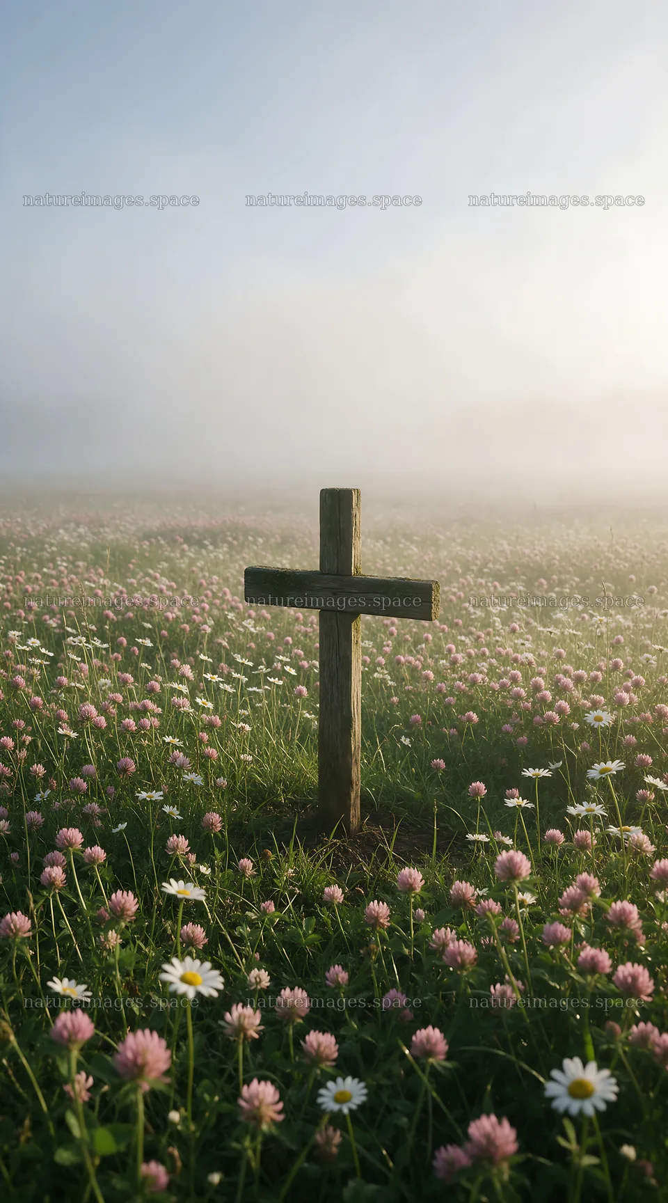 Weathered Christian cross in misty meadow with flowers – nature images 5916x10648