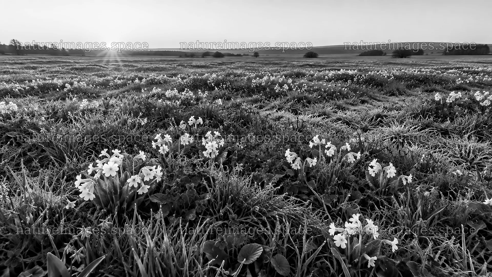 Monochrome Flower Meadow at Sunrise – nature images 10324x5812