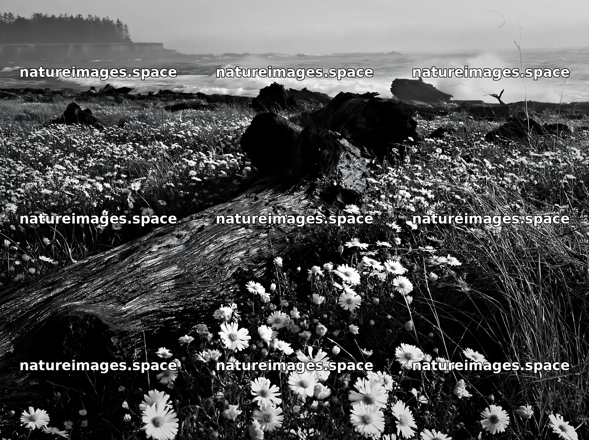 Ishikawa coastal meadow storm washed driftwood in grass and flowers – nature images 9174x6866