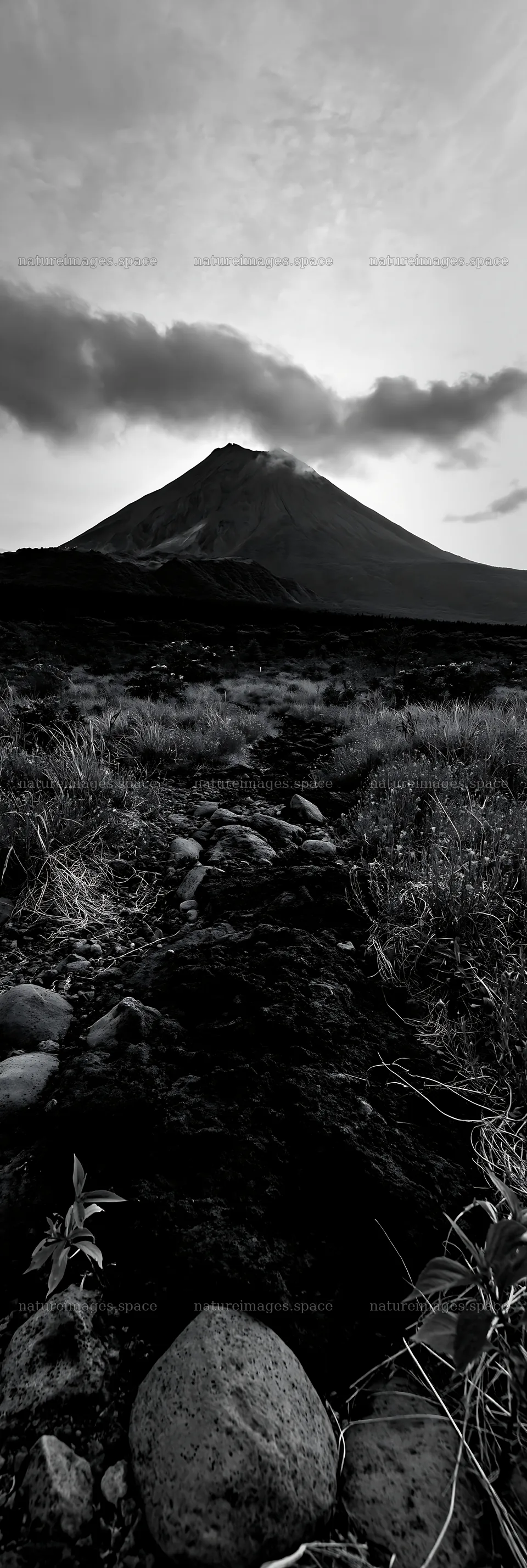 Kagoshima volcanic meadow with pumice foreground under sunset – nature images 4602x13690