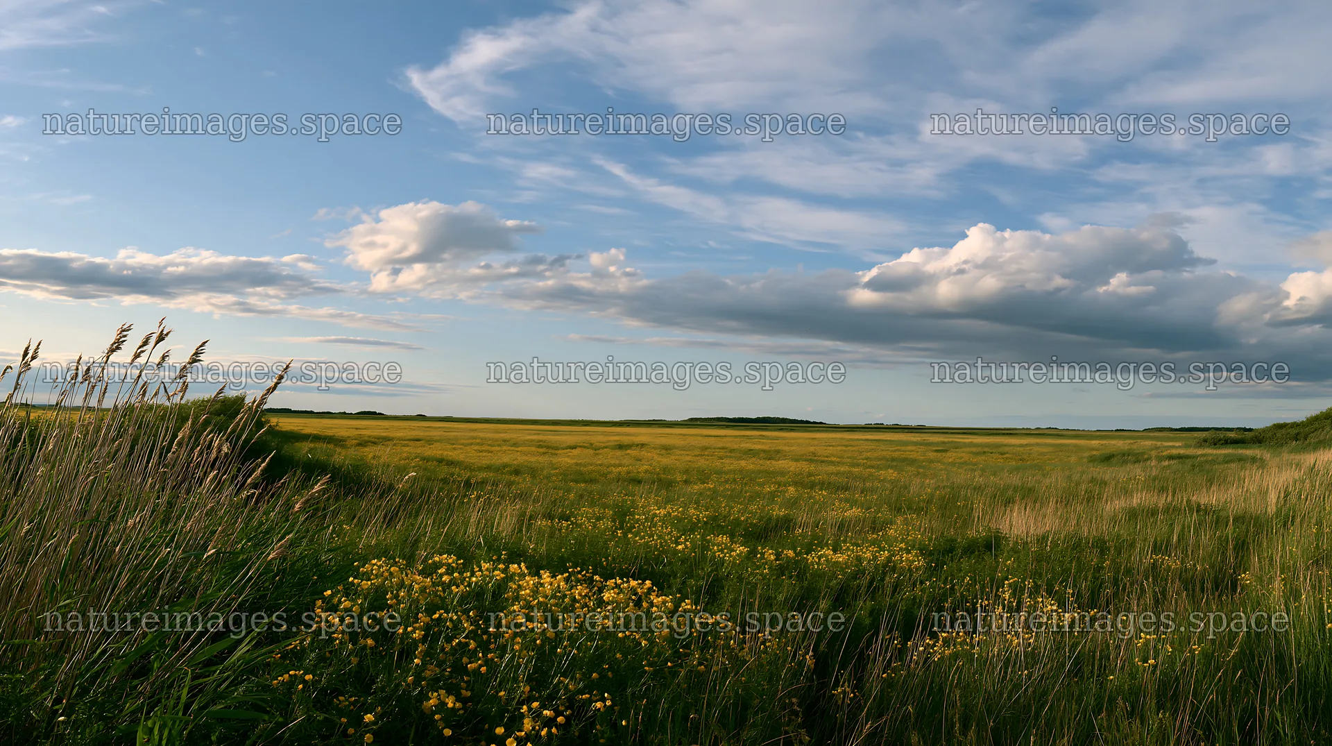 Saga floodplain meadow with reeds and flowers under cloudy sky – nature images 10608x5938