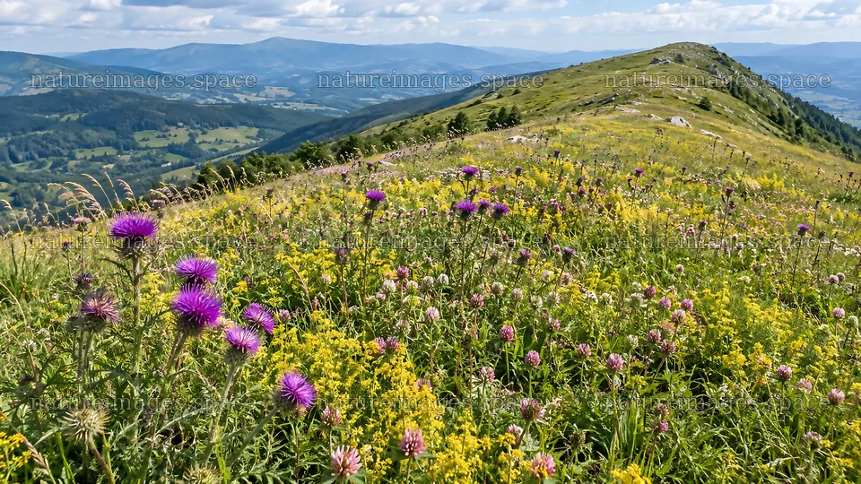 Colorful wildflowers on a sunny mountain meadow – nature images 10324x5812