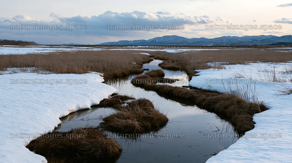 Akita snowmelt meadow with silver grasses and a stream – nature images 10608x5938