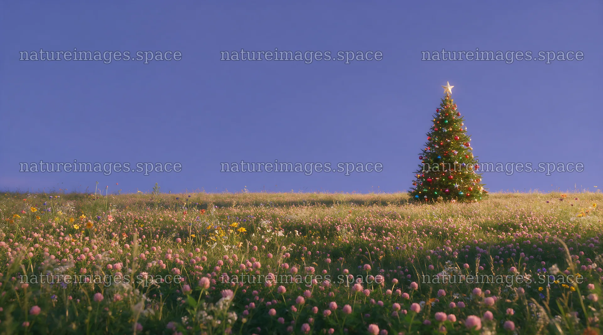 Vibrant Christmas tree in a meadow at dusk – nature images 10648x5916